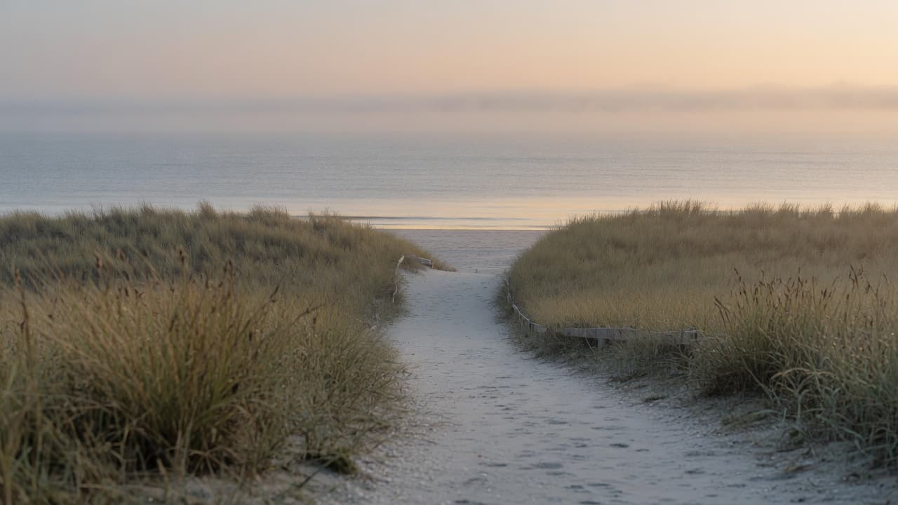 A sandy path through coastal dunes leading toward a calm ocean at dawn