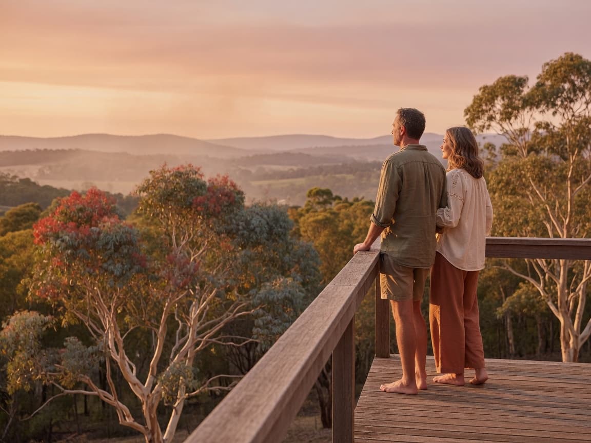 Couple overlooking Australian countryside at golden hour